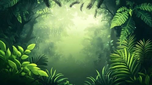 Misty Jungle Path Through Dense Forest Canopy.