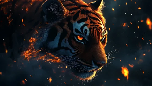 Tiger head in dark scene with floating embers and smoke.