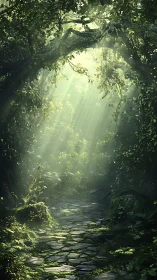 Luminous Forest Path Through Ancient Canopy