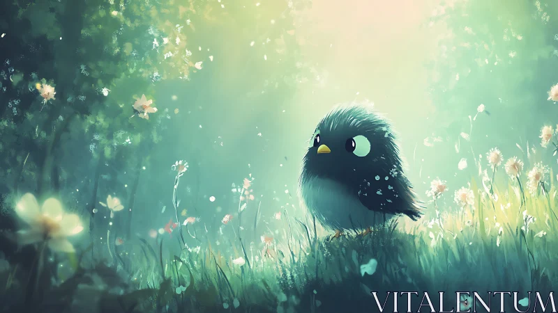 Bright-eyed forest puffbird bathing in dreamy morning glow.