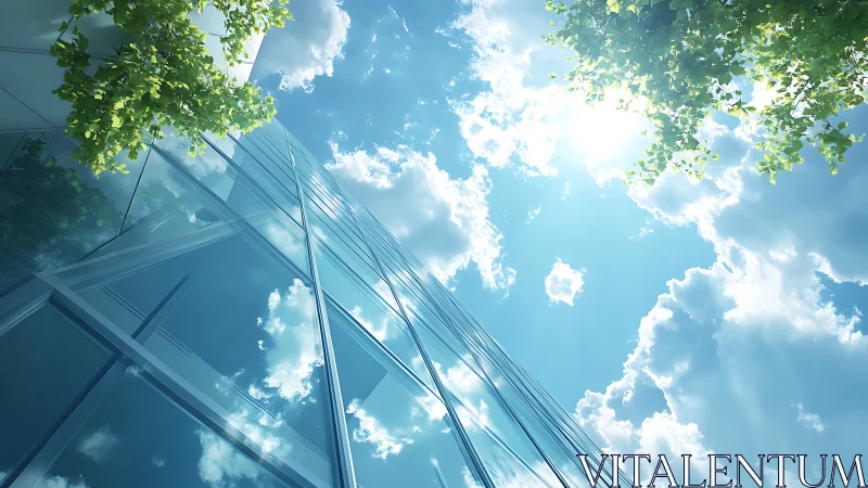 Glazed curtain wall with sky reflections and foliage crown.