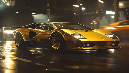 Golden supercar gliding through a rainy neon city night.