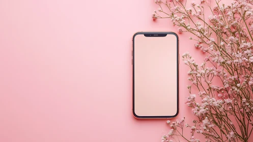Smartphone Mockup with Flowers on Pink Background.