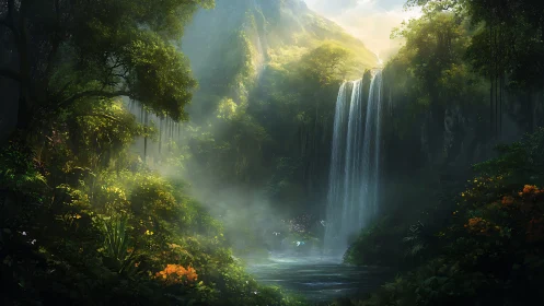 Dense jungle valley encloses tall waterfall and misted pool