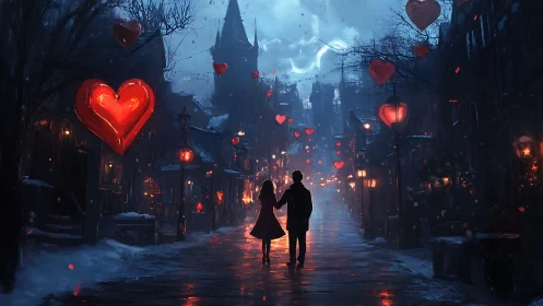 Couple stands in gothic street illuminated by glowing red hearts