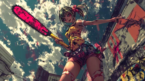 Chainsaw daydream girl slices through a crumbling city sky