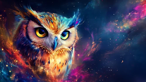 Cosmic owl draped in neon stardust and quiet nightfire.