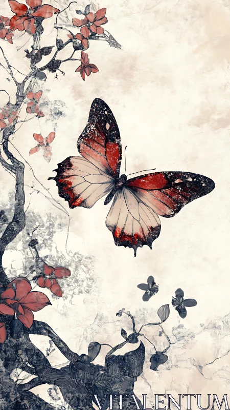 Red butterfly glides among inked blossoms in pale sky.