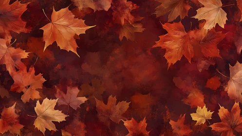 Textured digital maple foliage on deep crimson wash background.