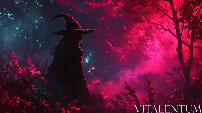 Silhouetted witch in glowing red and blue enchanted forest.