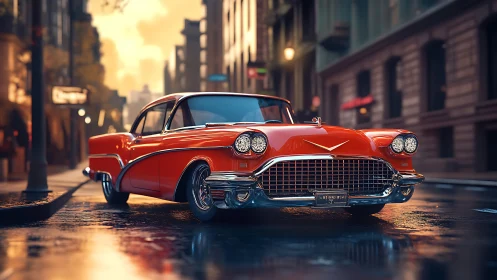 Classic red coupe parked on wet city street at dusk.