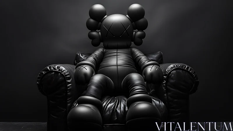 Monochrome vinyl figure reclines in oversized black leather chair