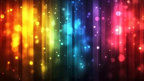 Vertical rainbow light streaks with glowing bokeh orbs.