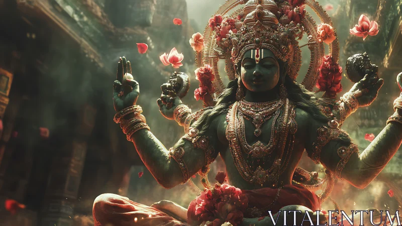 Emerald deity in rose-lit temple haze, breathing quiet power.