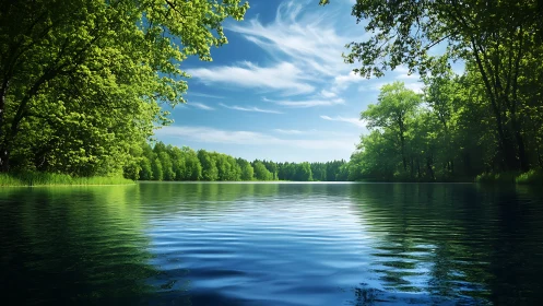 Sunlit forest lake under bright swirling summer skies.