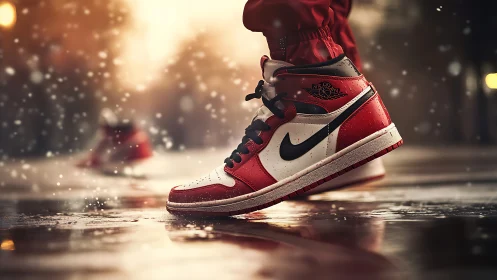 Red white sneaker steps on wet street under soft snowfall