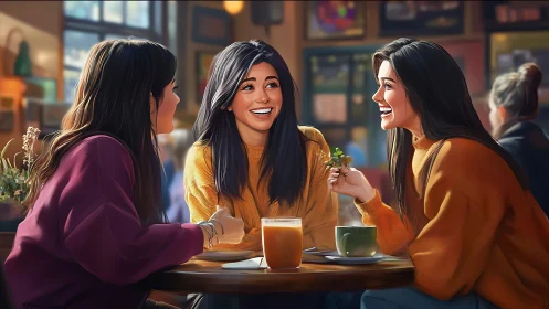 Three women laughing together at cozy café table, digital painting.