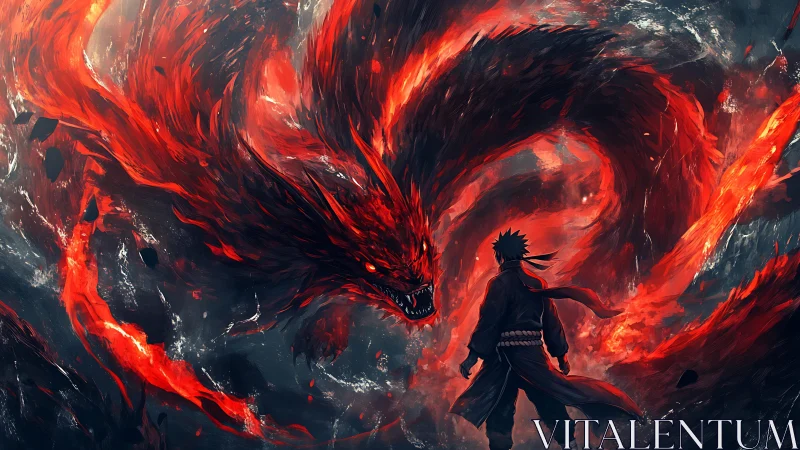 Warrior confronts colossal flaming dragon amid swirling storm