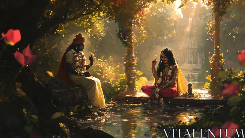 Divine couple at forest pool under volumetric golden sunlight