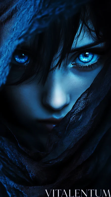 Enigmatic blue-eyed figure emerges from shadowed shroud.