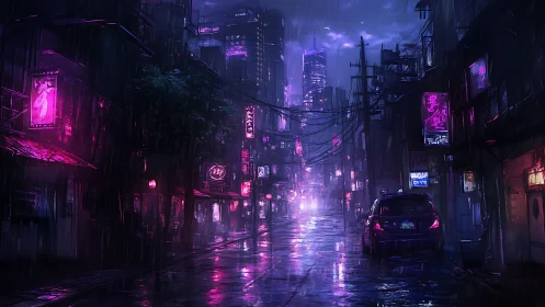Neon drenched cyberpunk alley glows through a rainy night