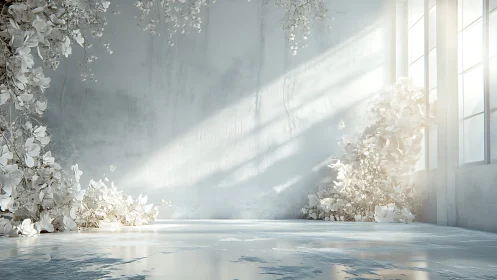 Sunlit white floral studio interior in soft minimal light