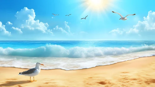 Seagulls and surf under high noon sun in luminous coastal digital art