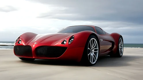 Crimson coastal supercar poised for a windswept escape.