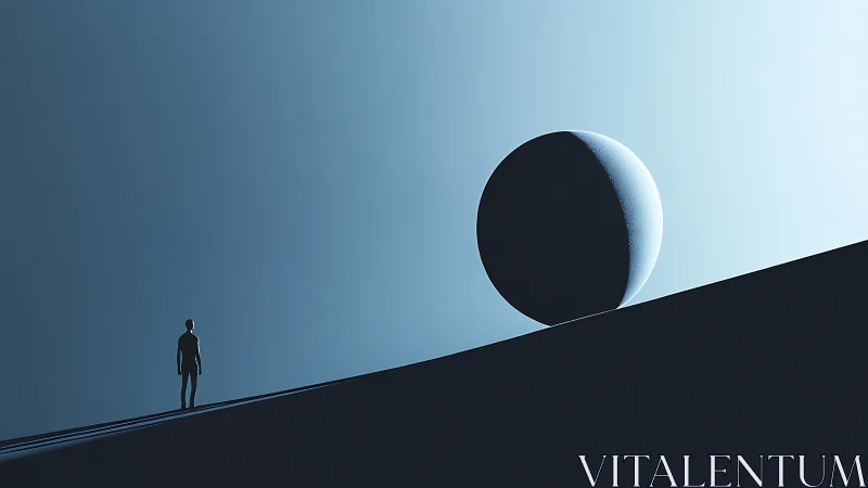 Solitary figure quietly studies a vast looming sphere above