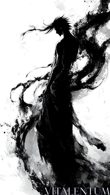 Silhouetted warrior dissolves into high contrast ink-like vortex