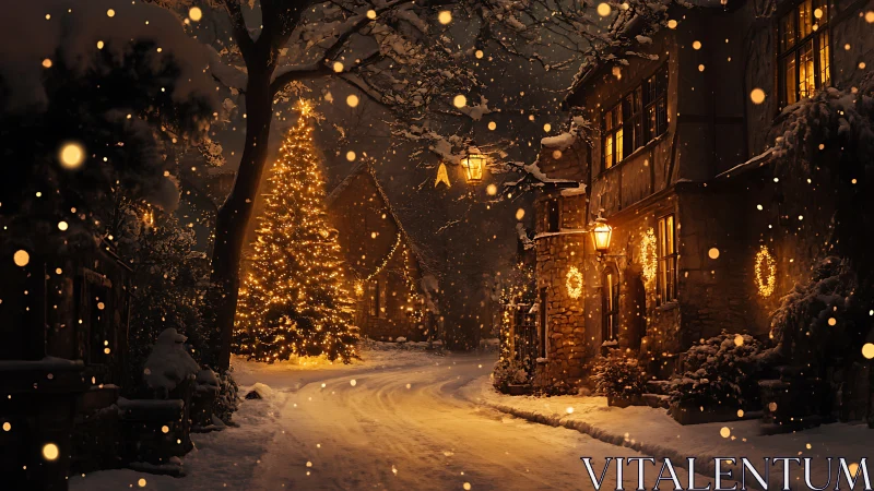 Snowy village street with glowing Christmas tree at night.