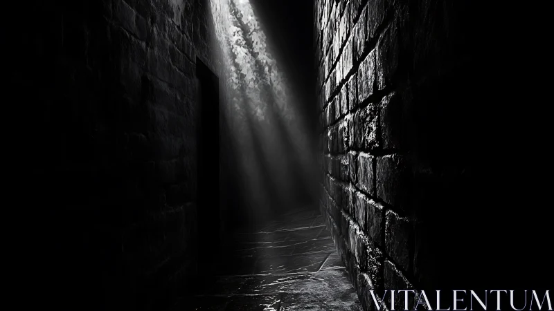 Narrow stone corridor in dramatic chiaroscuro lighting.