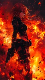 Fierce anime heroine stands strong in a storm of blazing fire