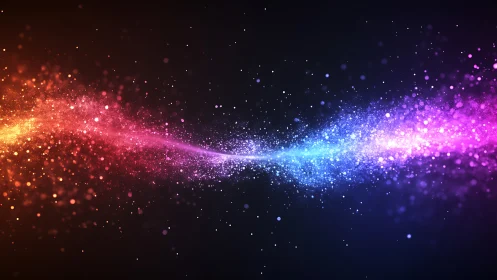 Multicolored particle stream across dark gradient background.