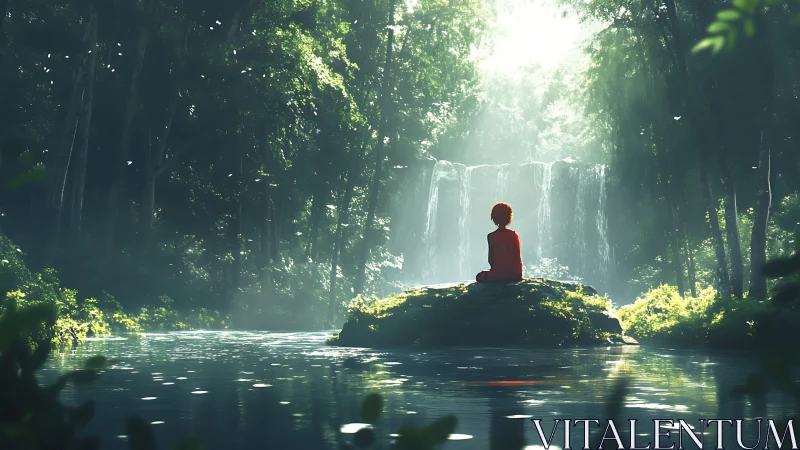 Solitary meditator overlooks misty forest waterfall pool.
