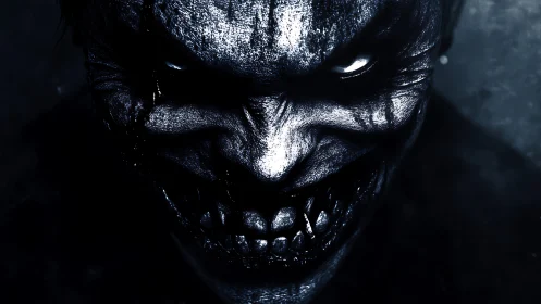 Demonic grin emerges from darkness with sharpened menace.