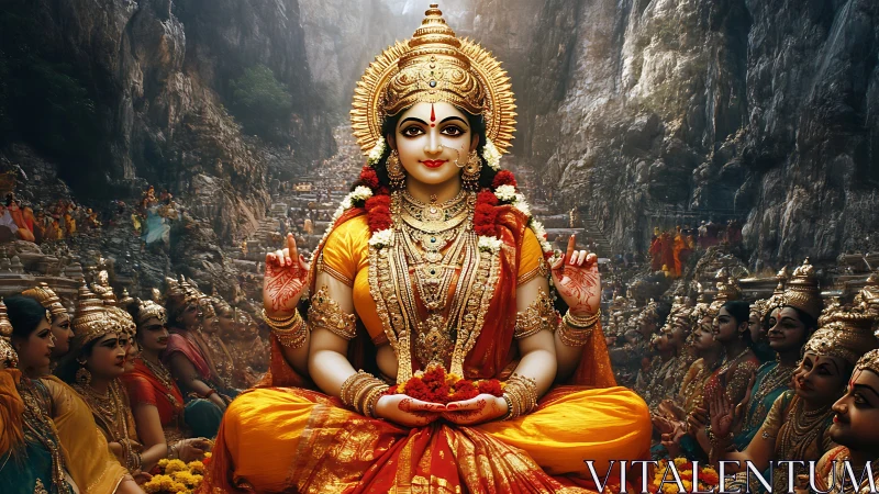 Hindu goddess idol in orange robes amid cave gathering.
