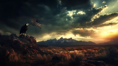 Eagle and flag overlooking stormy mountains at dusk.