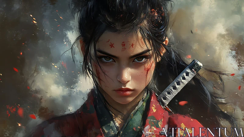 Stoic young samurai portrait with katana and embers swirling