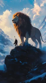 Majestic lion towers over lone warrior on icy summit.