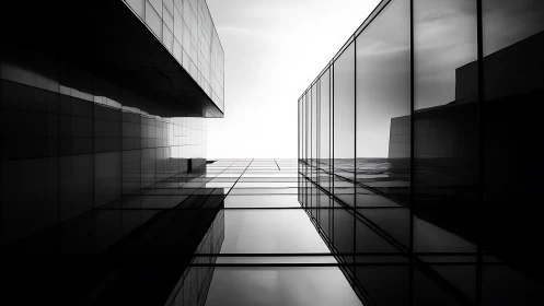 Minimalist glass towers frame stark white urban horizon