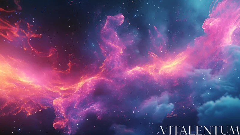 Vivid pink and orange nebula cloud across starry space.