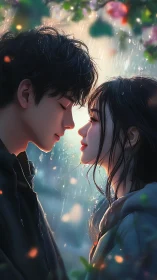 Rainlit foreheads meet as young hearts rehearse a first kiss