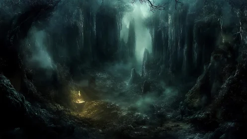 Lonely lantern glow guiding a path through a misty cavern.