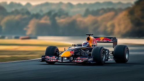 High-downforce Formula race car cornering with motion-blurred background