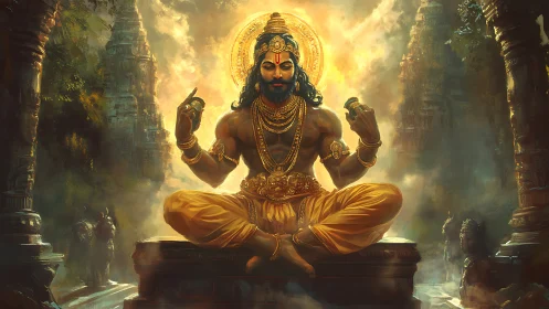 Golden divine figure meditating amid ornate temple ruins.