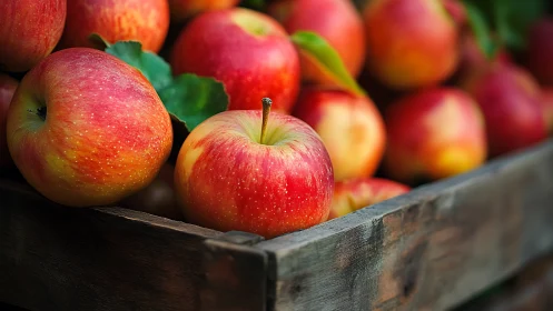 Fresh red apples piled in rustic wooden crate outdoors.