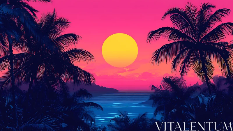 Neon tropical sunset over calm ocean framed by palms.