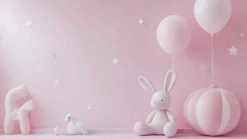 Children’s room wall shows pink toys, balloons and shapes