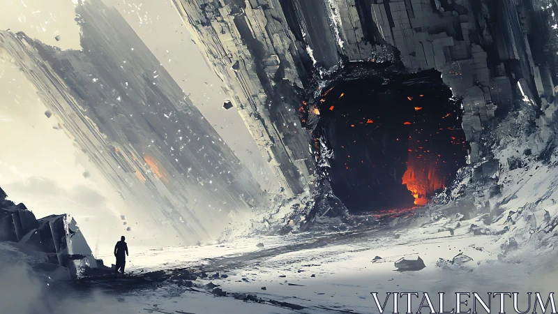 Lone wanderer at a burning cavern in frozen cliffs.